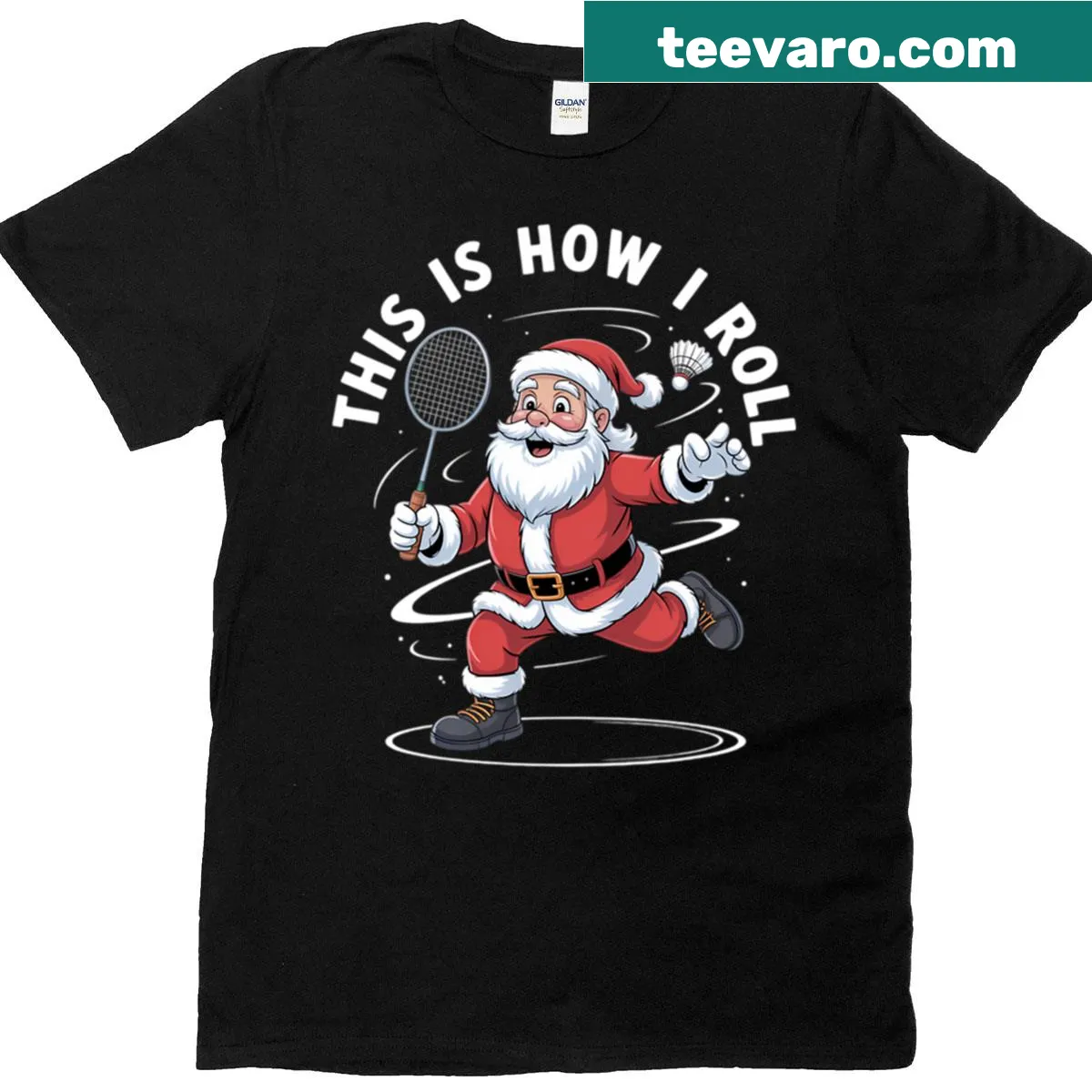 Whimsical Santa playing badminton on a Christmas T-shirt — on a men's t-shirt