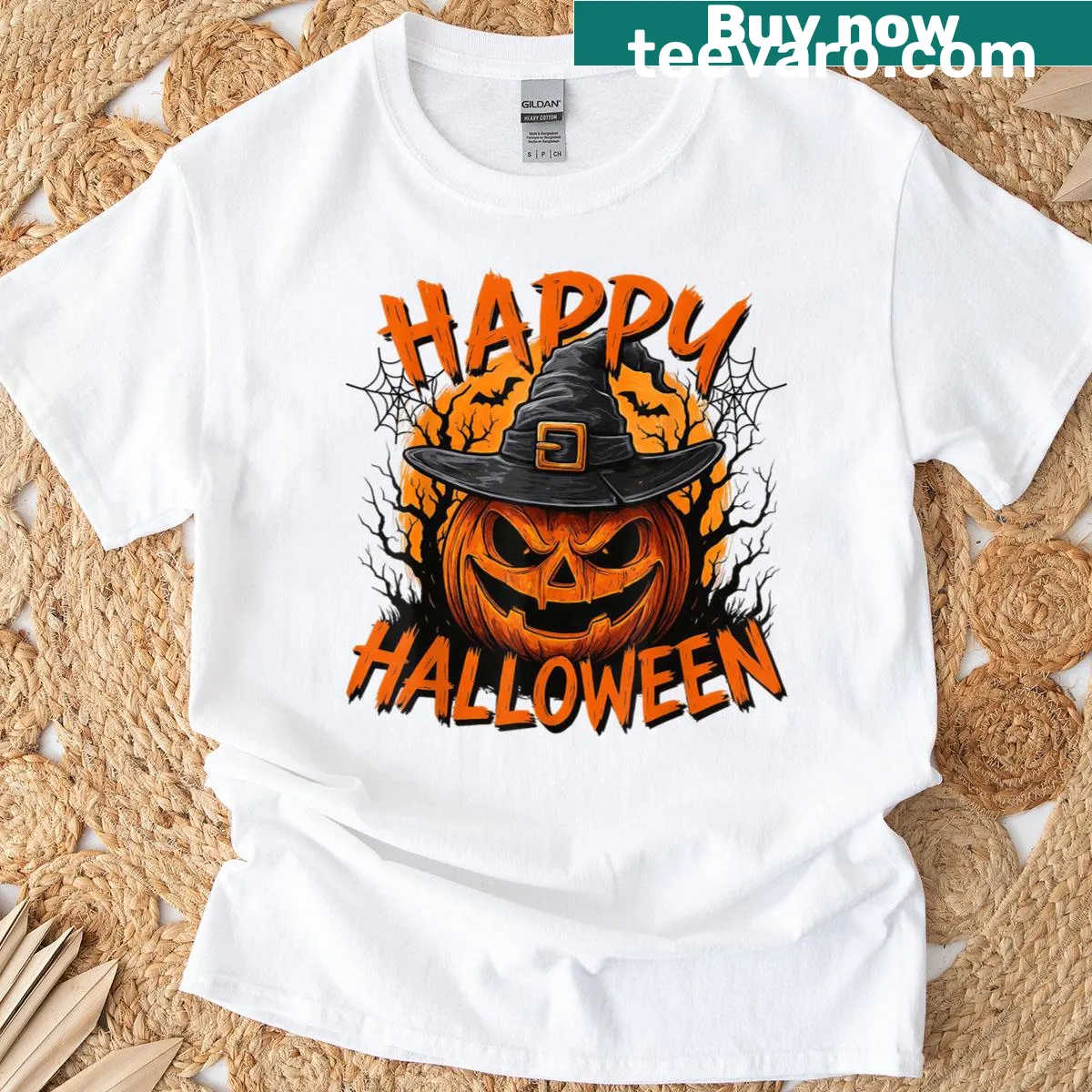 Happy pumpkin wearing a witch hat in a Halloween design — on a men's t-shirt
