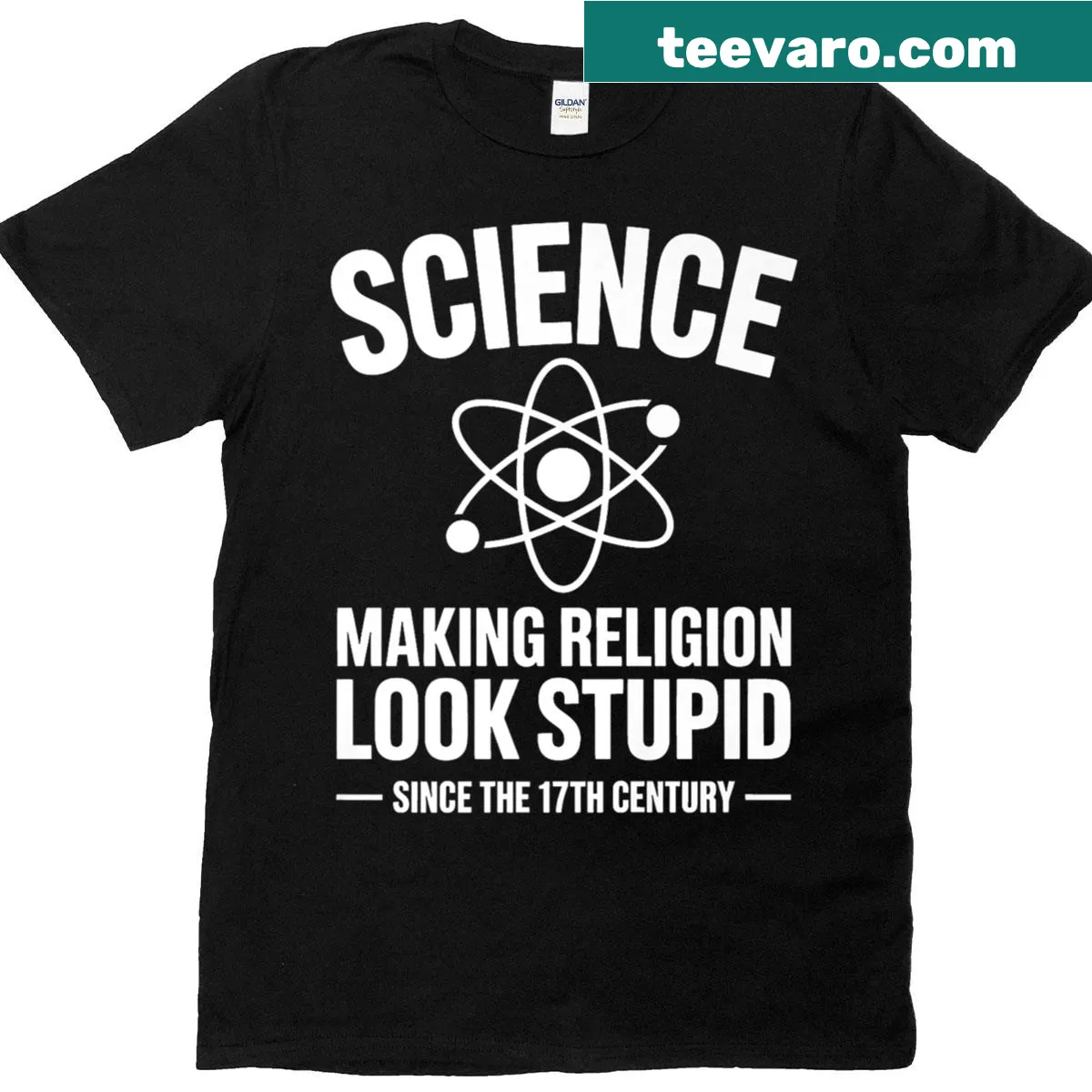 Edgy typography t-shirt with a bold statement on science and religion. — on a men's t-shirt