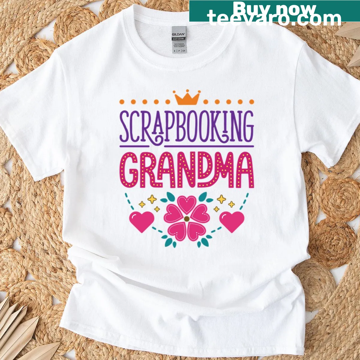 Typography design celebrating scrapbooking grandmothers with heart accents — on a men's t-shirt