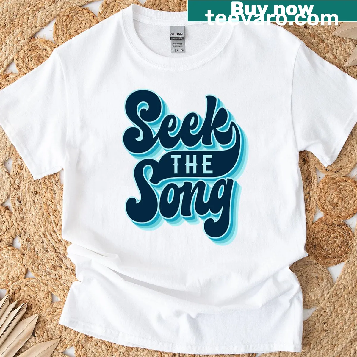 T-shirt with the phrase 'Seek The Song' in bold typography — on a men's t-shirt