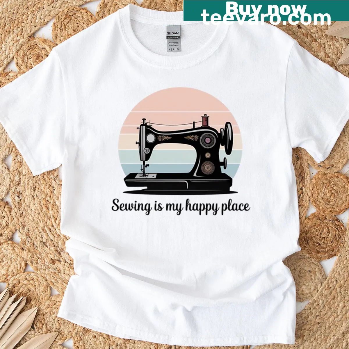 Sewing-themed T-shirt with the phrase 'Sewing Is My Happy Place' in typography — on a men's t-shirt