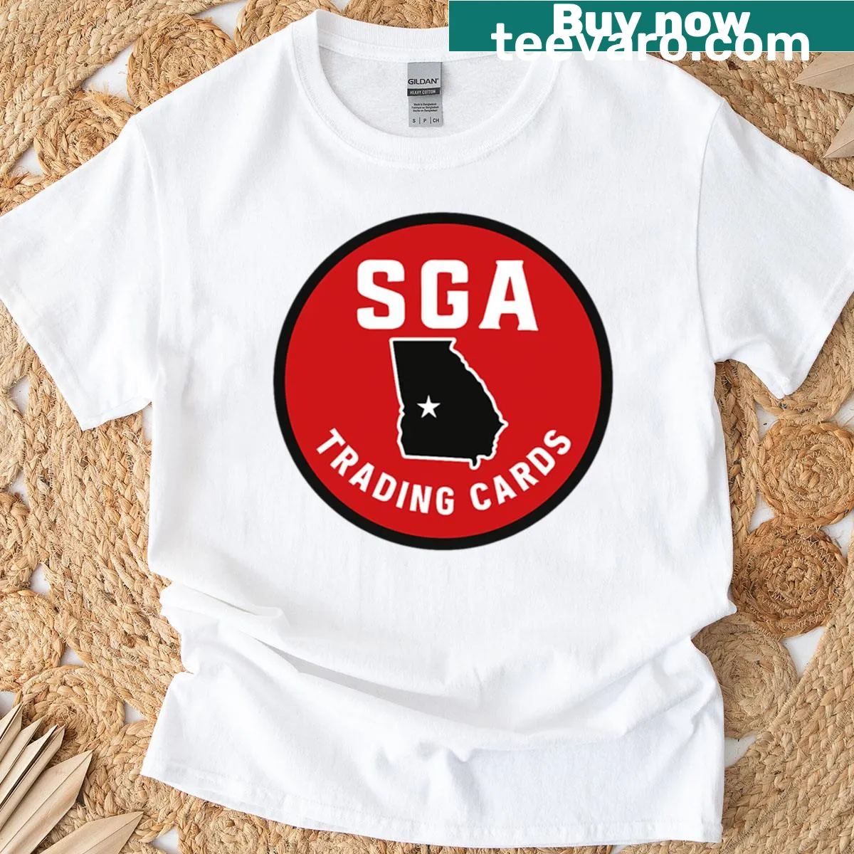 Bold red and black circle logo T-shirt for trading card collectors. — on a men's t-shirt