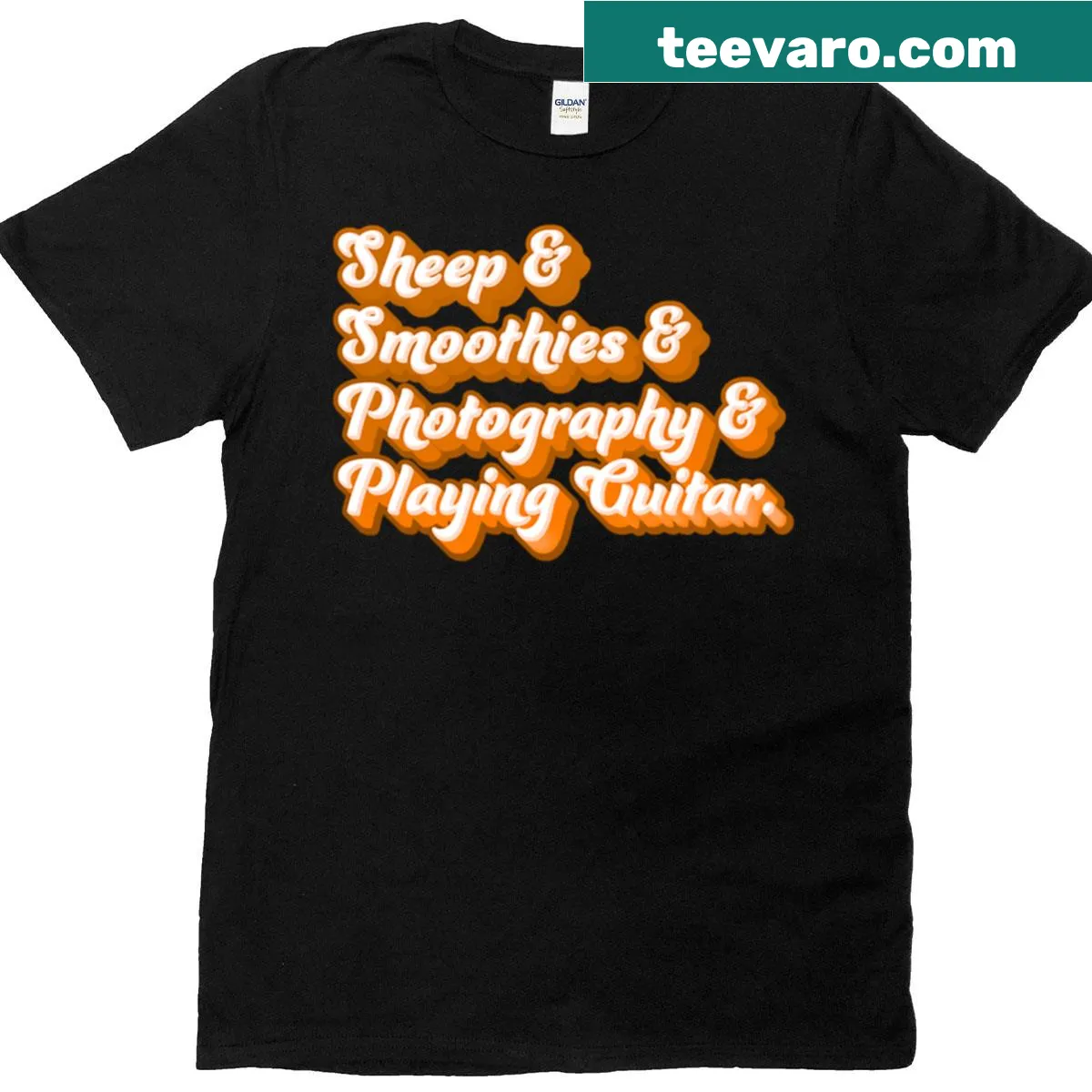 Whimsical illustration of sheep with smoothies and guitar on T-shirt — on a men's t-shirt