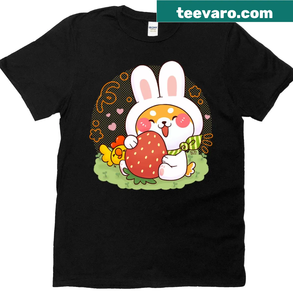 Illustration of a Shiba Bunny holding a strawberry on a t-shirt — on a men's t-shirt