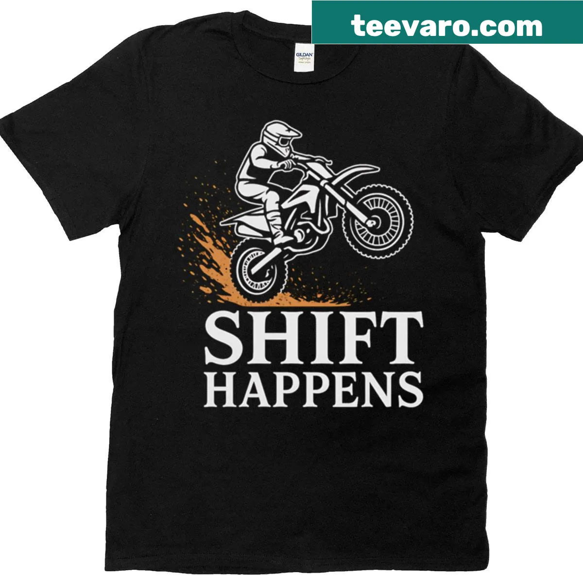 Humorous dirt biking shirt with 'Shift Happens' slogan — on a men's t-shirt