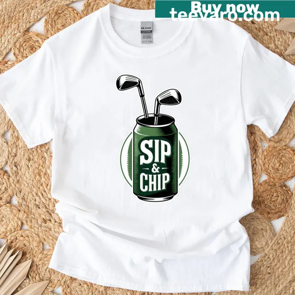 Cartoon graphic of a chip dipping into a drink on a T-shirt