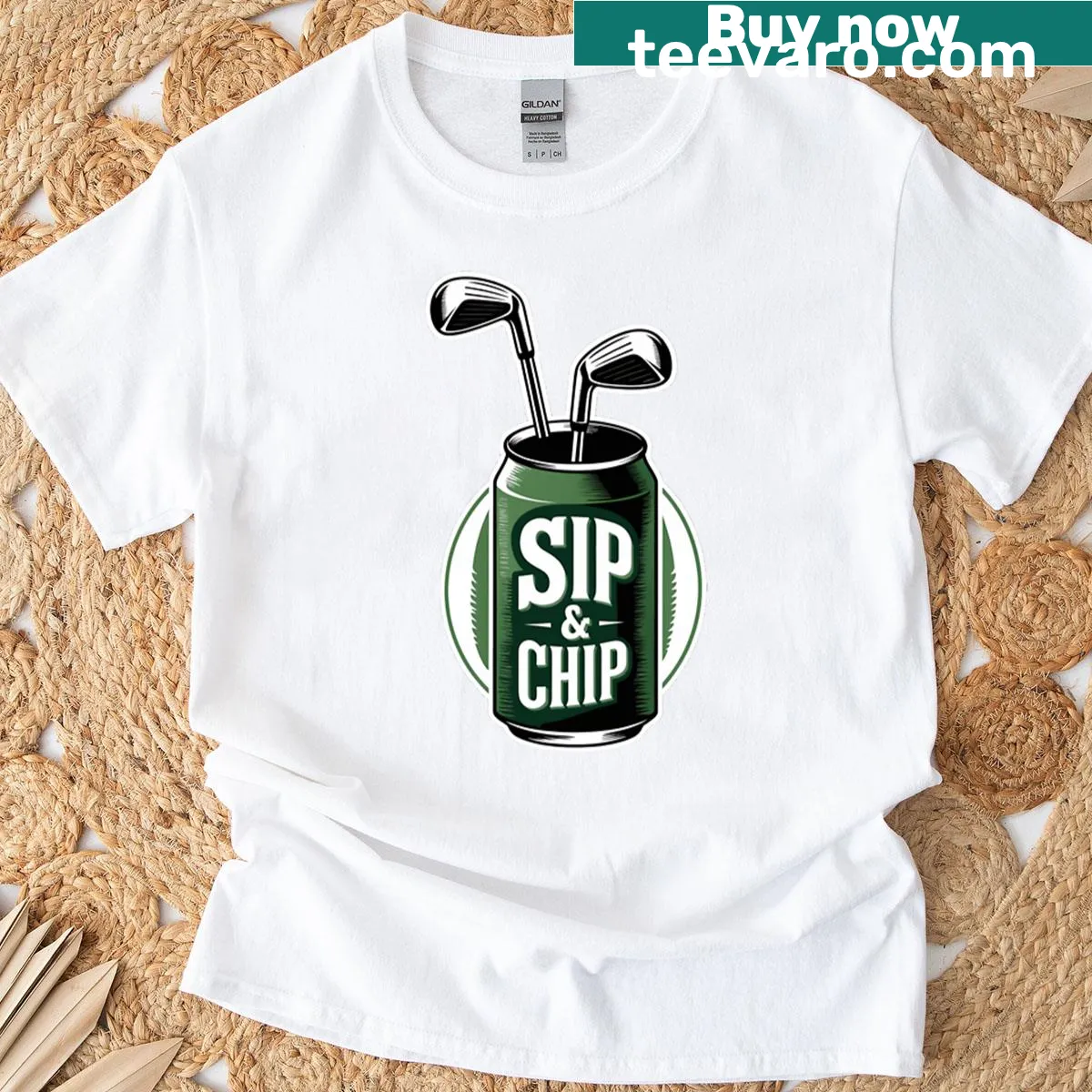 Cartoon graphic of a chip dipping into a drink on a T-shirt — on a men's t-shirt
