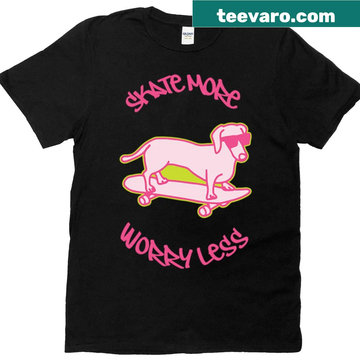 T-shirt displaying Skate More Worry Less in bold typography. — on a men's t-shirt