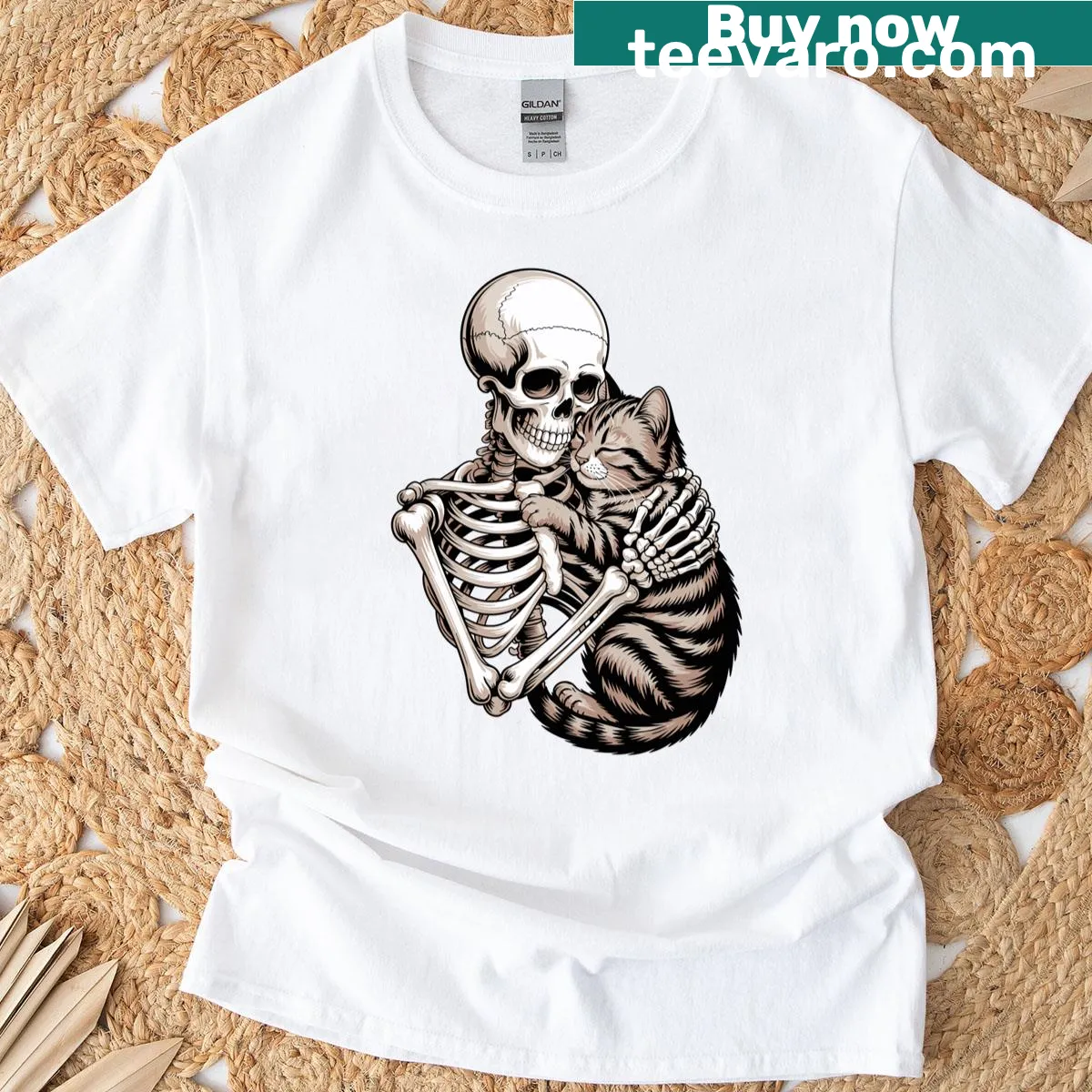 Cute skeleton cat design for goth Halloween T-shirt. — on a men's t-shirt