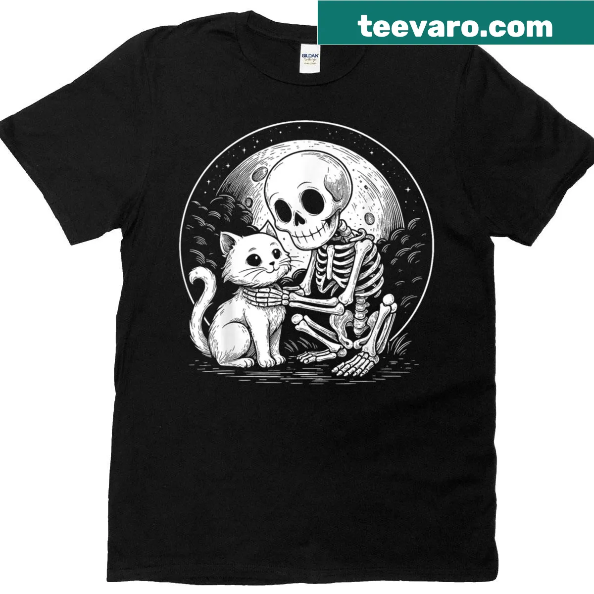 Cute T-shirt with skeleton cat graphic for Halloween — on a men's t-shirt
