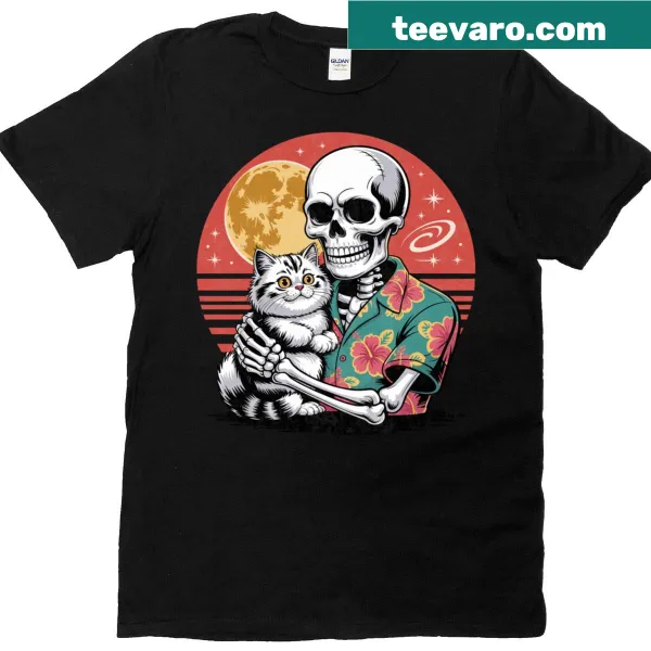 Vintage Halloween T-shirt featuring a skeleton cat skull design
