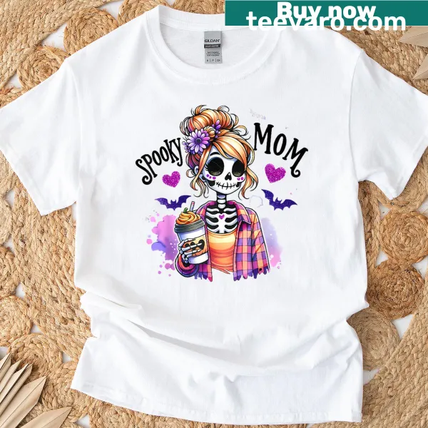 Funny skeleton-themed Mom Life shirt with coffee humor
