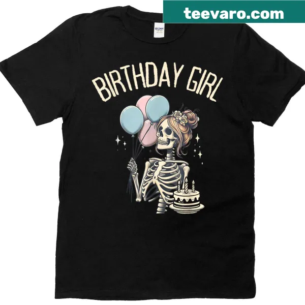 Funny birthday t-shirt featuring a playful skeleton design.
