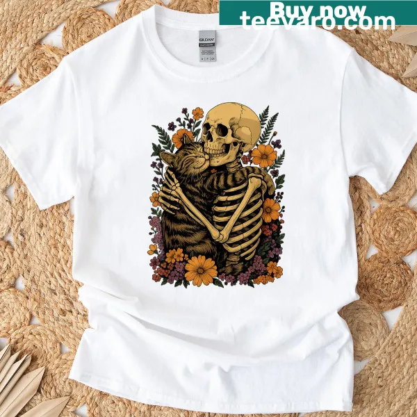 Halloween-themed skeleton hugging a cat with floral accents