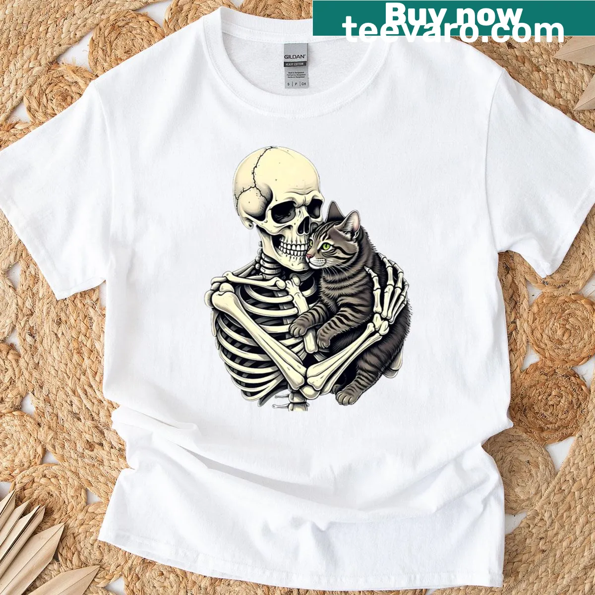 Funny Halloween T-shirt featuring a skeleton hugging a cat — on a men's t-shirt