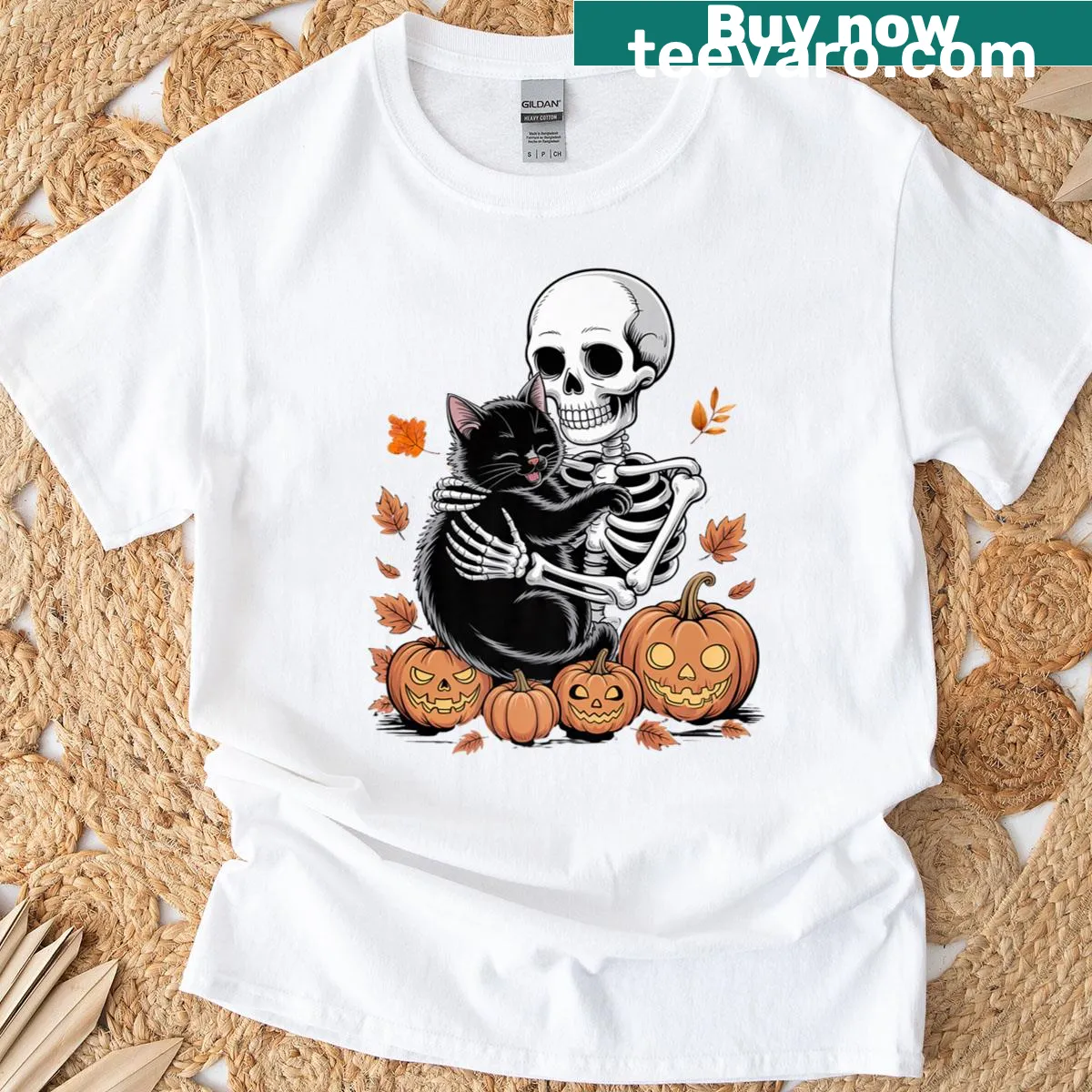 Cartoon skeleton hugging a cat, perfect for Halloween. — on a men's t-shirt