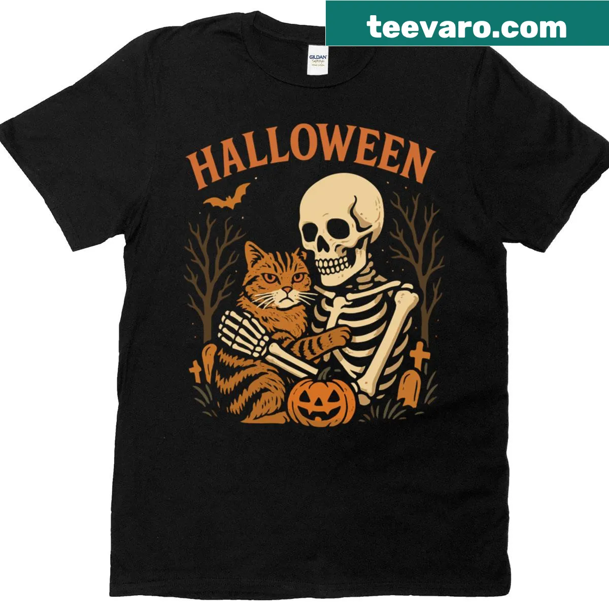 Halloween t-shirt with a skeleton hugging a cat design — on a men's t-shirt