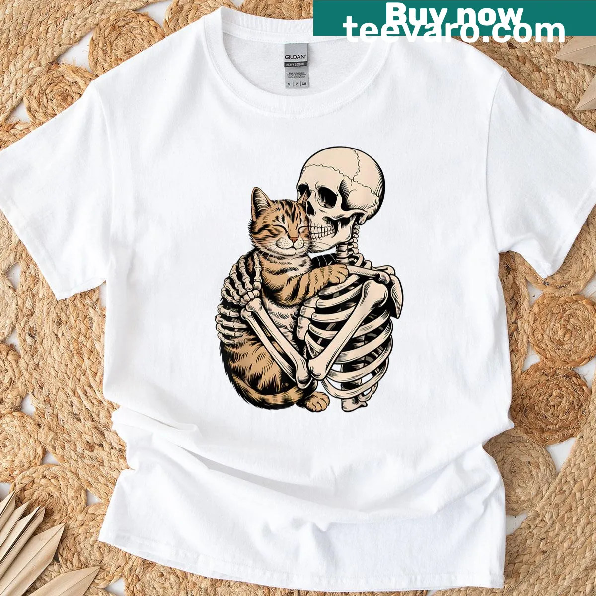 Skeleton hugging a cat Halloween T-shirt for all ages — on a men's t-shirt