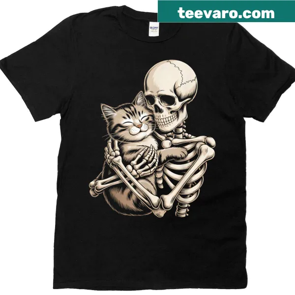 Halloween T-shirt featuring a skeleton hugging a cat illustration.