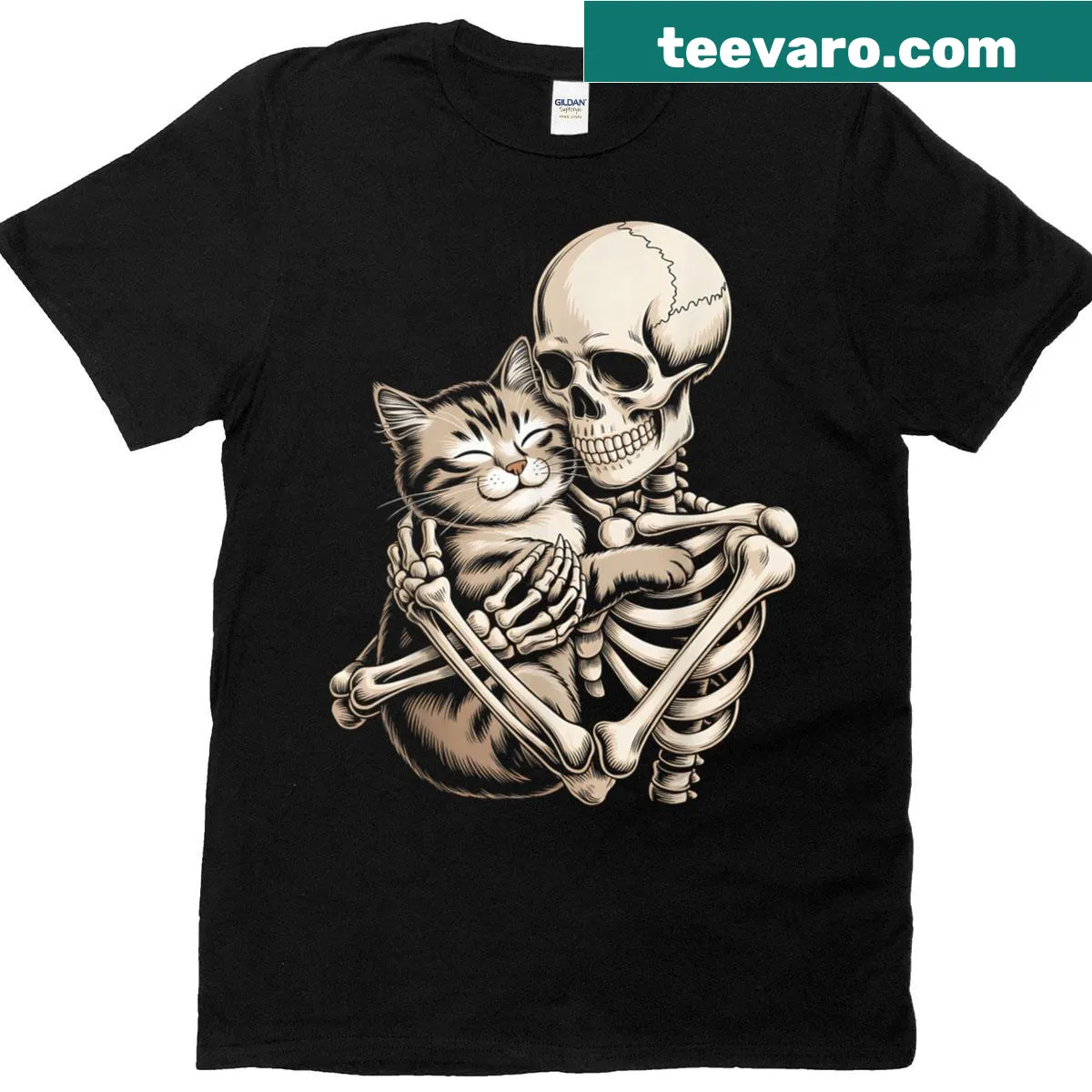 Halloween T-shirt featuring a skeleton hugging a cat illustration. — on a men's t-shirt