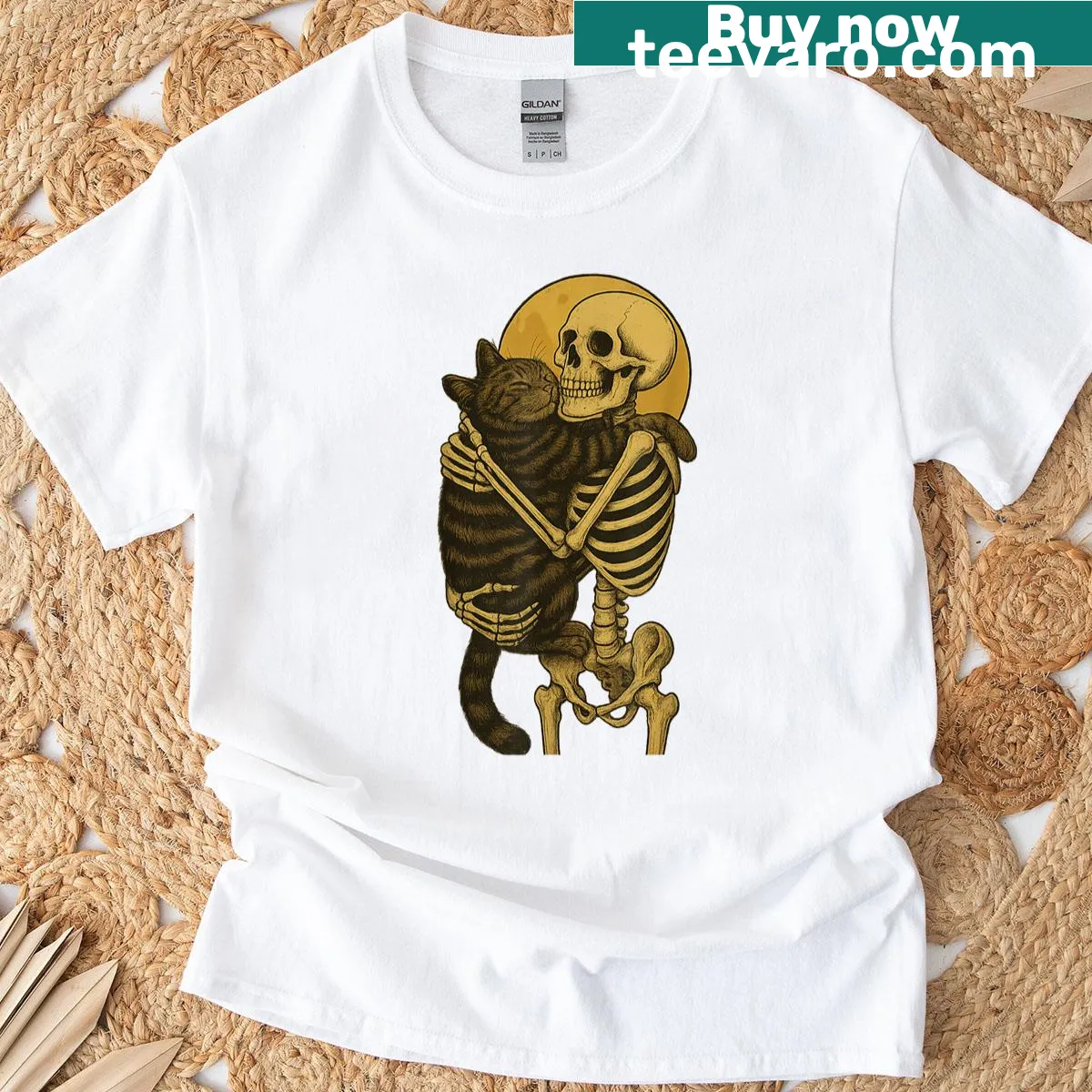 Funny Halloween t-shirt featuring a skeleton hugging a cat illustration — on a men's t-shirt