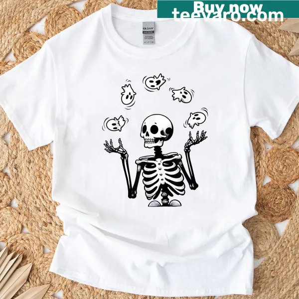 Funny Halloween t-shirt with skeleton juggling ghosts