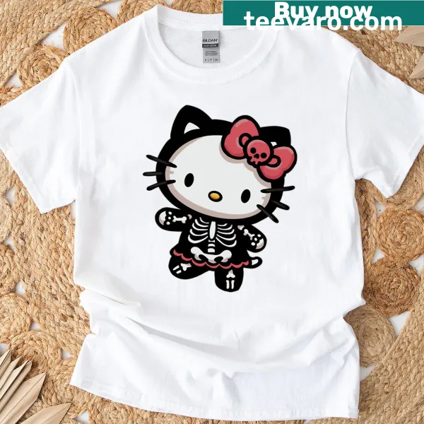 Vintage-style t-shirt featuring a playful skeleton cat design for Halloween