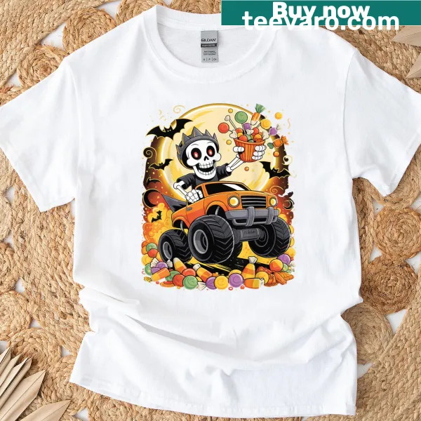 Skeleton driving a monster truck with pumpkins for Halloween T-shirt