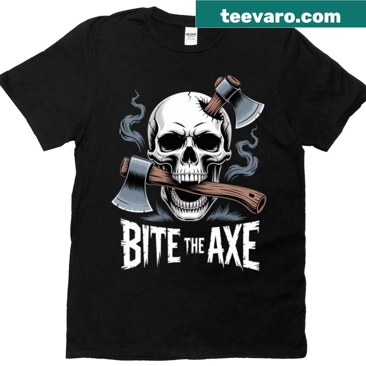 Bold t-shirt featuring a skull and axe graphic — on a men's t-shirt