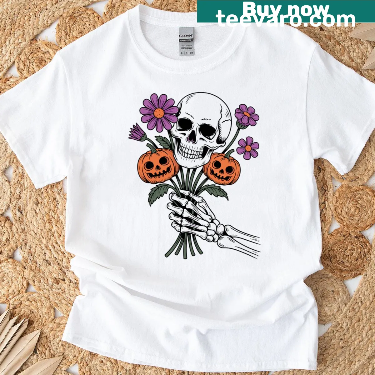 Vintage-style t-shirt featuring a gothic skull and floral design for Halloween — on a men's t-shirt