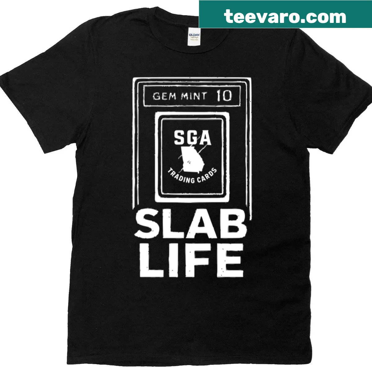 Slab Life t-shirt celebrating graded trading cards — on a men's t-shirt