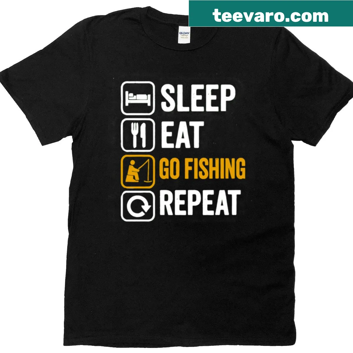 T-shirt featuring the phrase Sleep Eat Go Fishing Repeat in bold typography. — on a men's t-shirt