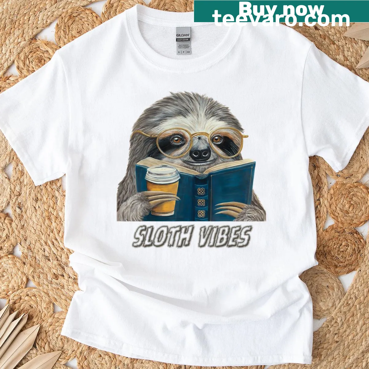 Kawaii sloth with glasses, reading a book and enjoying coffee — on a men's t-shirt