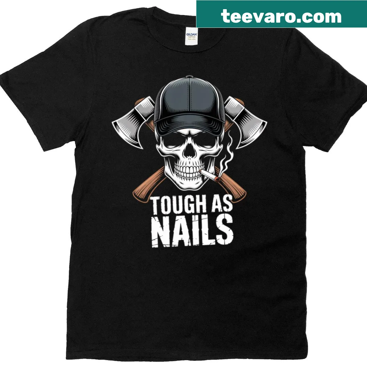 Edgy T-shirt with a smoking skull illustration for loggers — on a men's t-shirt