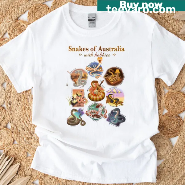 Illustration of snakes doing various hobbies on a T-shirt.