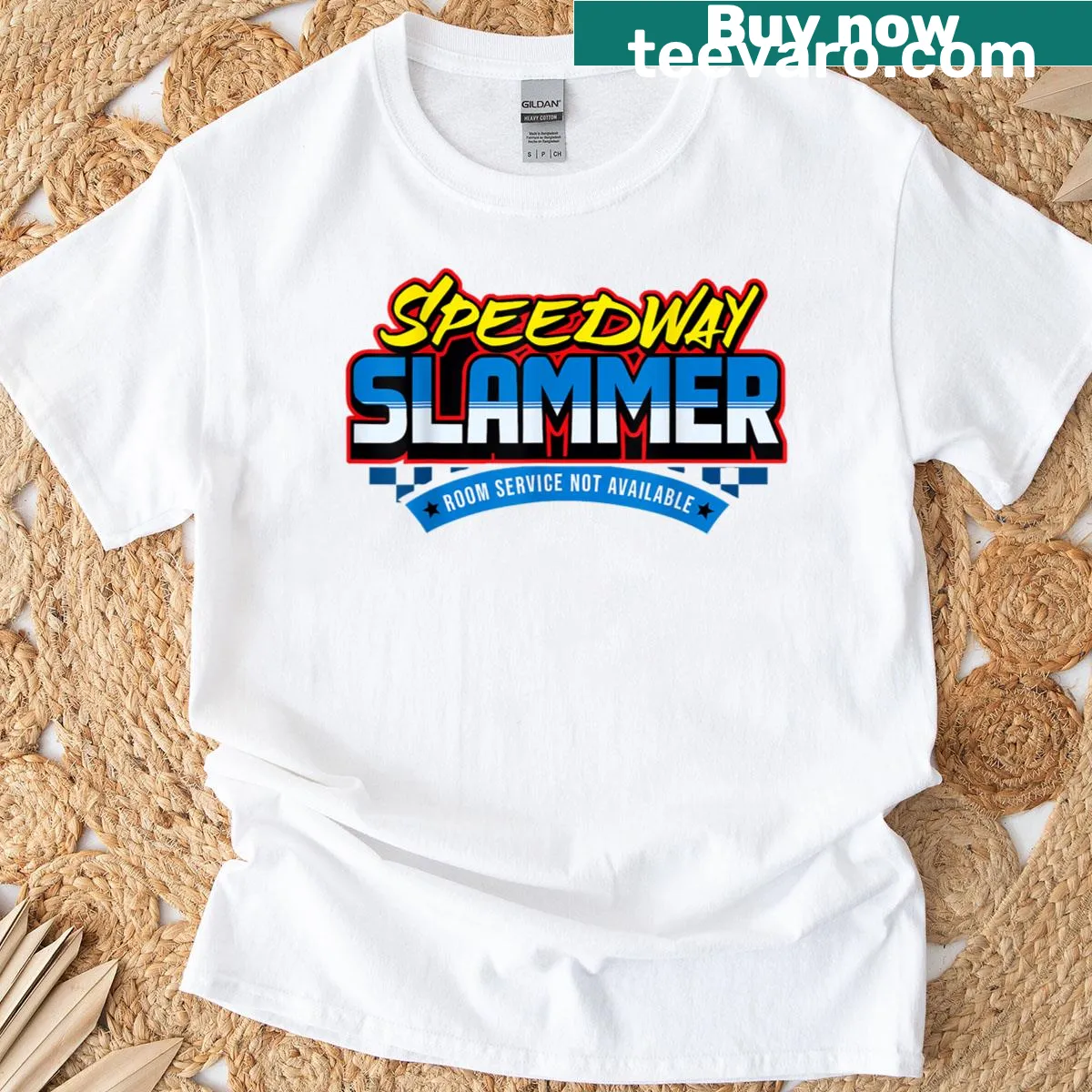 Dynamic racing graphic on Speedway Slammer T-shirt — on a men's t-shirt