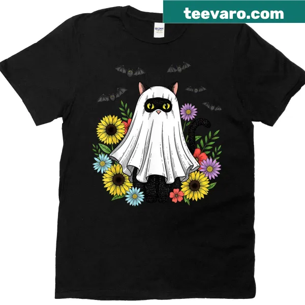 Floral Halloween shirt with a black cat and ghost graphics
