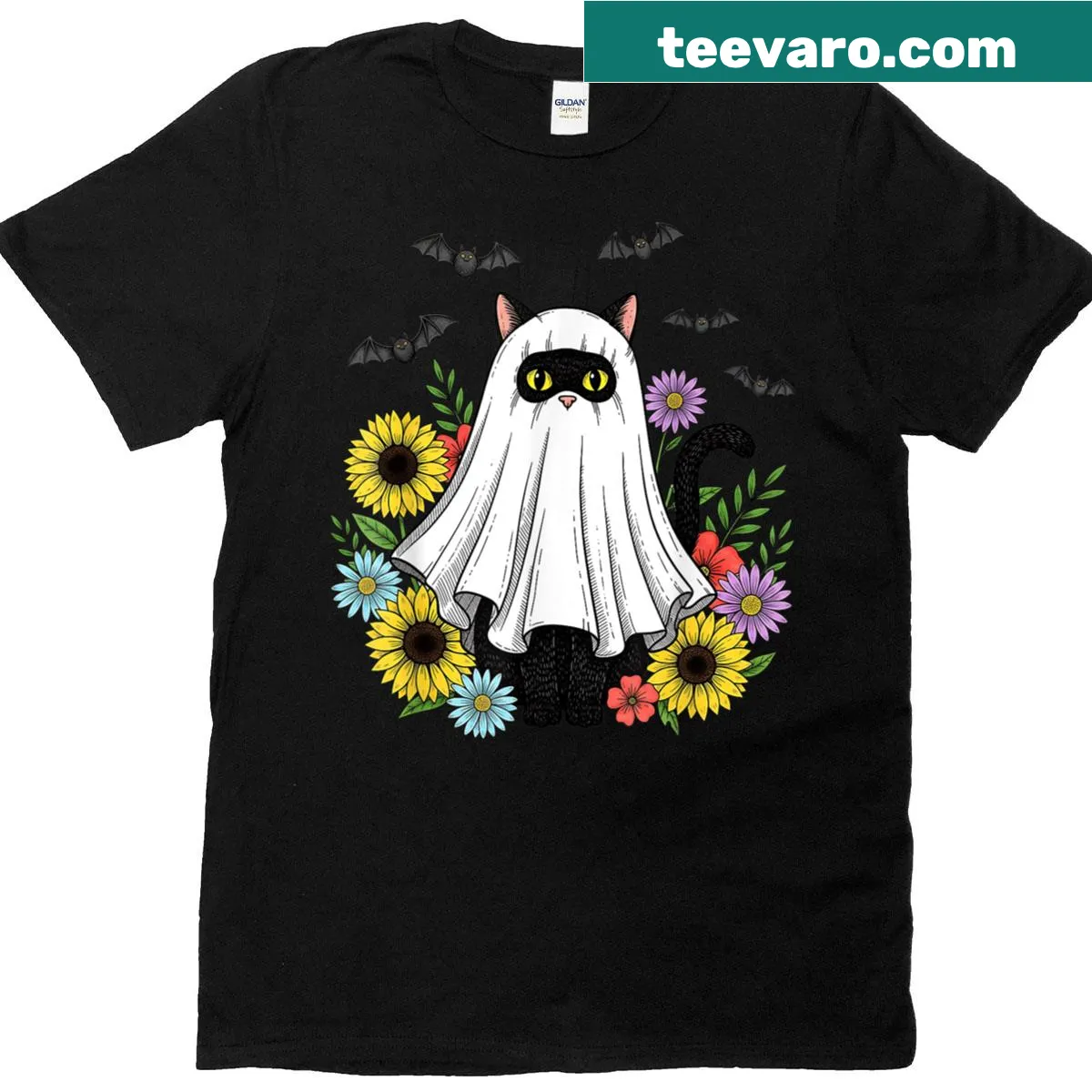 Floral Halloween shirt with a black cat and ghost graphics — on a men's t-shirt