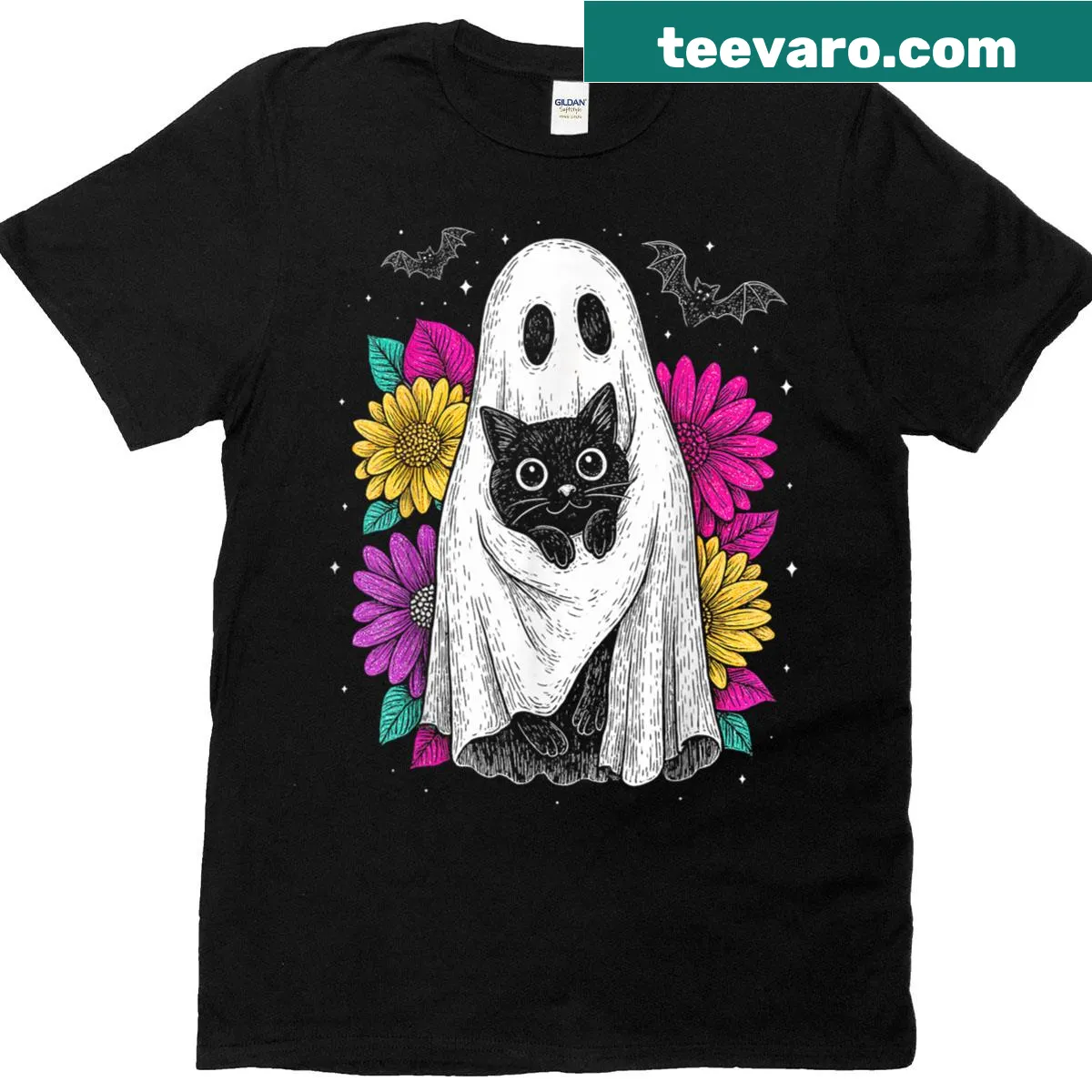 Gothic Halloween t-shirt with ghost and black cat design — on a men's t-shirt