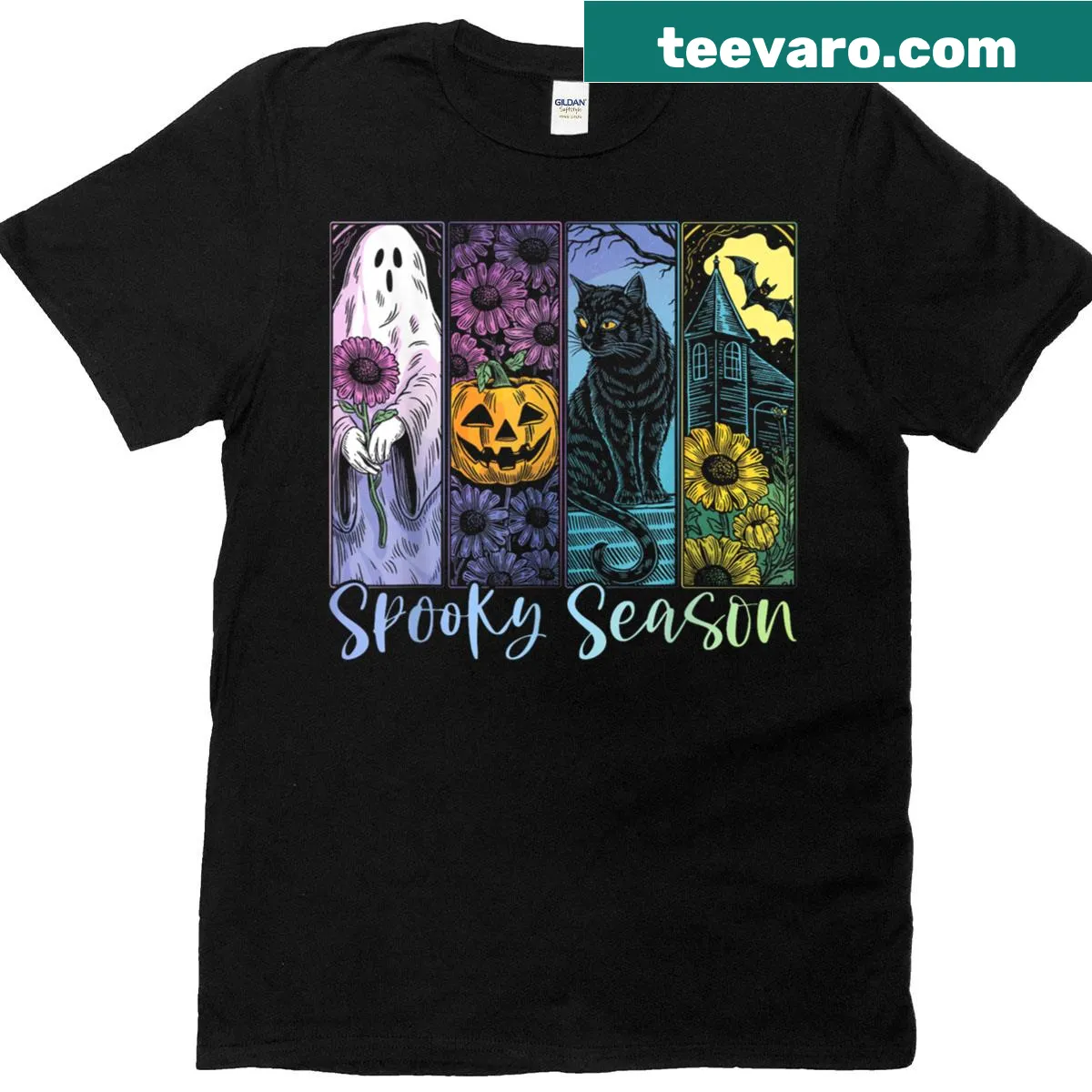 Cute Halloween t-shirt with a black cat and ghost design — on a men's t-shirt