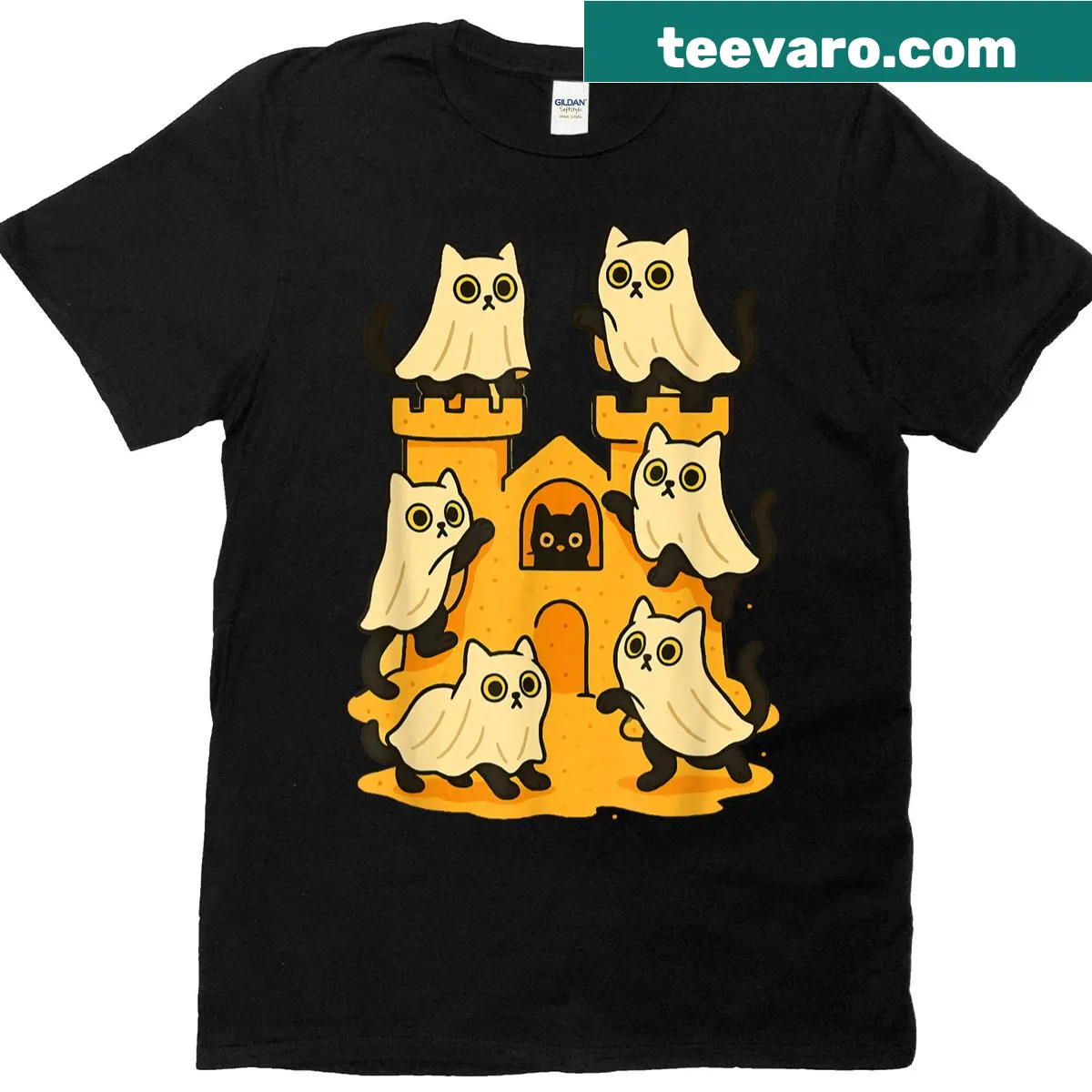 Cute Halloween t-shirt featuring ghost cats in a fun design — on a men's t-shirt