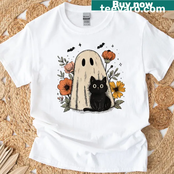 Cartoon ghost holding a black cat with floral elements.