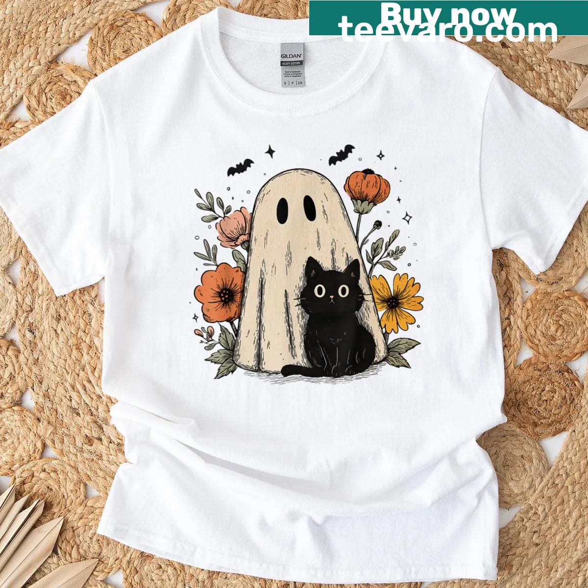 Cartoon ghost holding a black cat with floral elements. — on a men's t-shirt