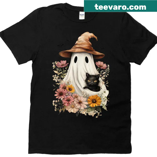 Illustrated t-shirt featuring a ghost holding a cat with floral elements