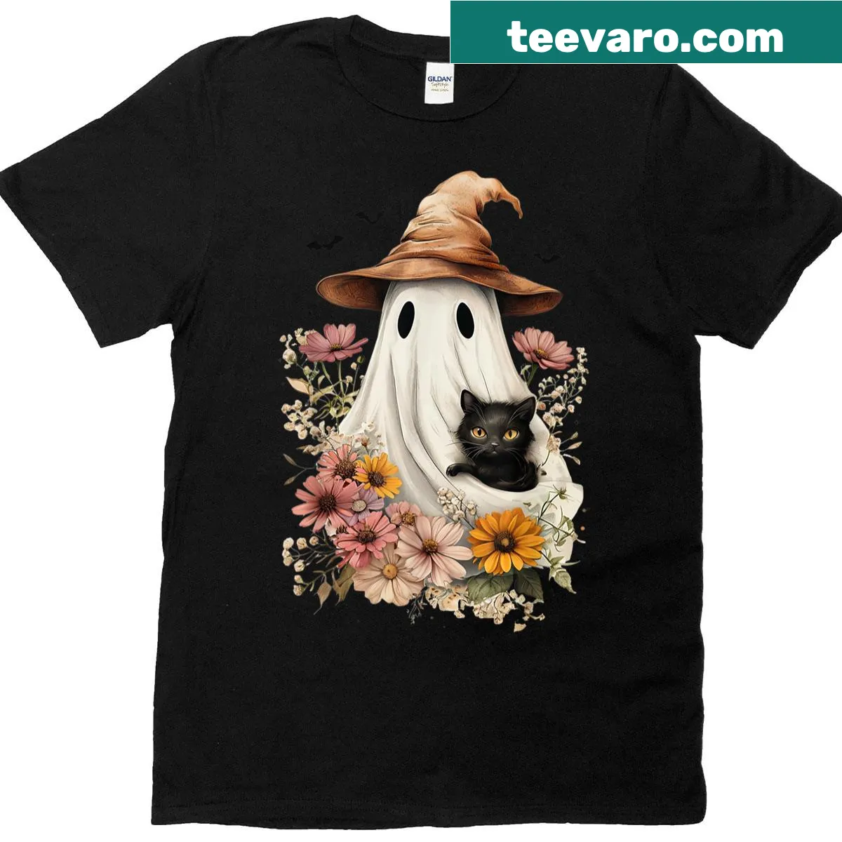 Illustrated t-shirt featuring a ghost holding a cat with floral elements — on a men's t-shirt