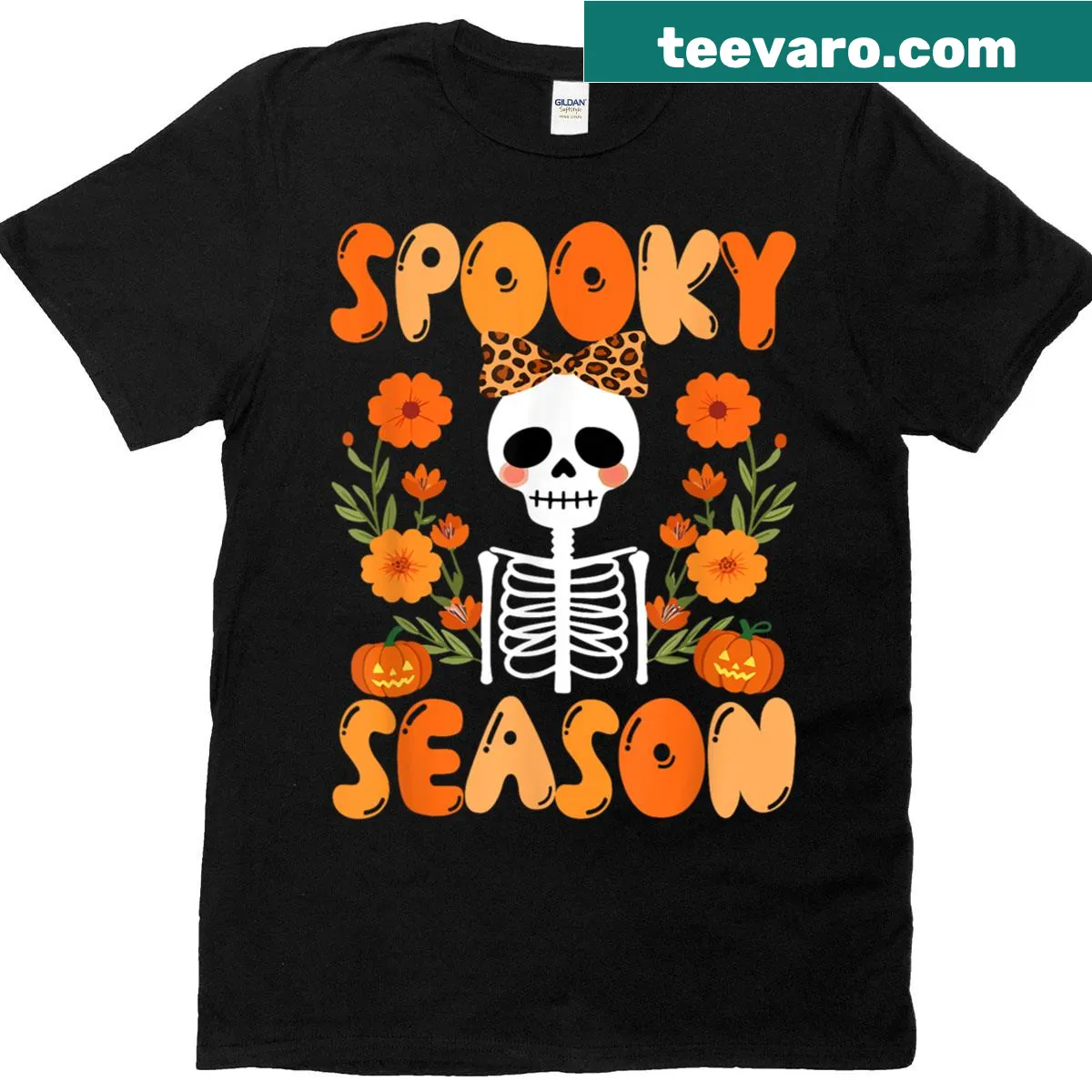 Cute Halloween T-shirt with skeleton, leopard bow tie, and floral design — on a men's t-shirt