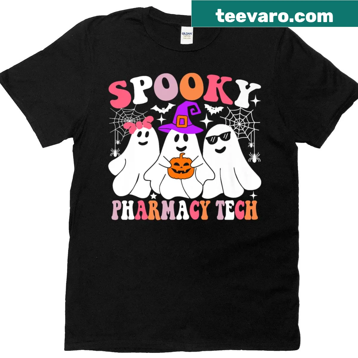 Funny Halloween T-shirt for pharmacy techs featuring cartoon ghost design — on a men's t-shirt