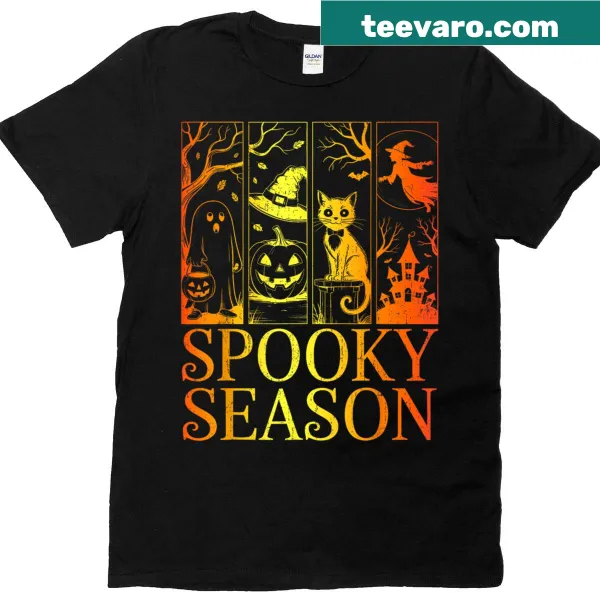 Funny Halloween T-shirt with a witch, cat, and pumpkin design