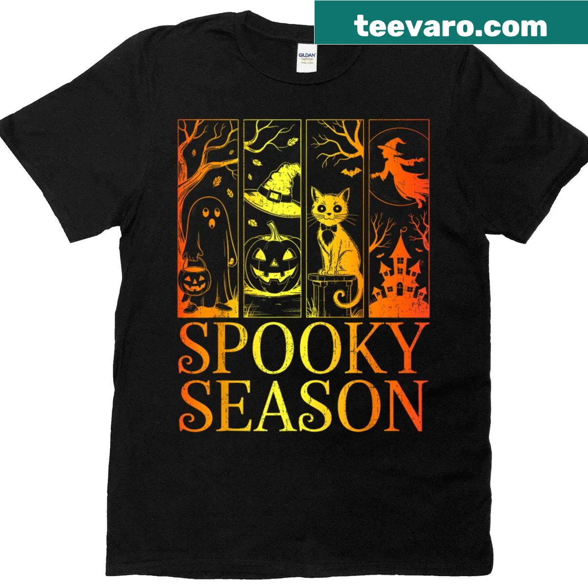 Funny Halloween T-shirt with a witch, cat, and pumpkin design — on a men's t-shirt
